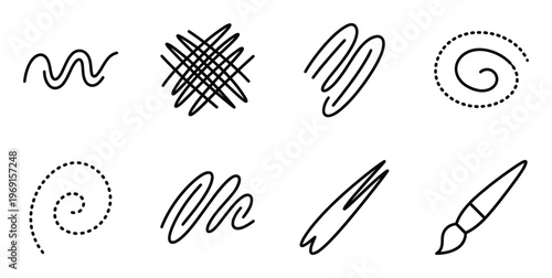 Abstract brush strokes and scribbles collection showing different textures and curved lines for art work