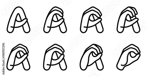 Abstract letter a combined with hand finger gesture icons set isolated on transparent background grid