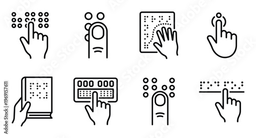 Braille reading system icons for blind people with hands touching dots and book symbols on background