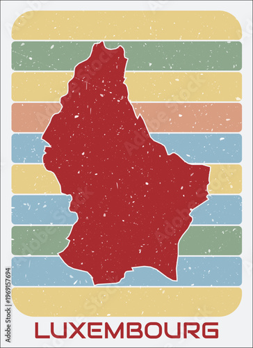 Luxembourg vintage logo. Shape of the country on retro colored stripes background. Luxembourg map design with grunge scratch texture. Vector illustration.