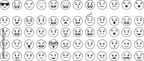 Extensive Emoji Line Art Vector Collection with Various Expressions