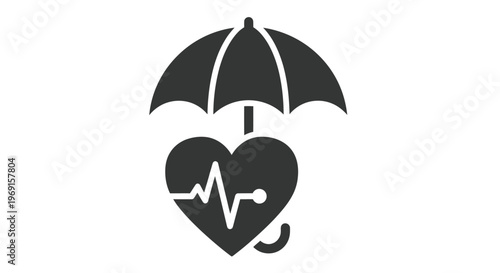 This striking vector illustration depicts an umbrella offering robust protection to a heart with an active heartbeat, symbolizing comprehensive health insurance and critical medical care security.
