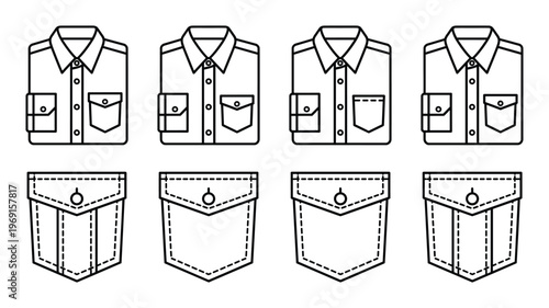 Collection of folded shirts and pockets fashion line art icons for wardrobe outline clothing