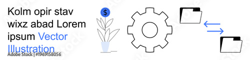 Financial growth, technology, data management, file sharing, process optimization, digital tools. A money plant, gear and file folders with arrows. Financial growth and technology tools concept