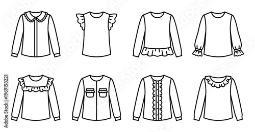 Collection of women's blouses fashion line art icons for wardrobe outline clothing ruffles