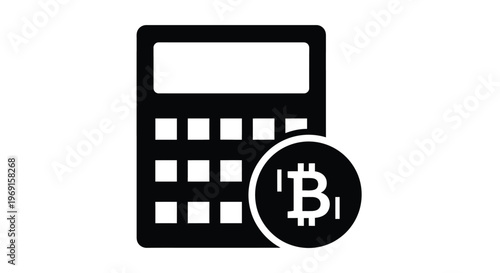 Vector graphic illustration depicting a digital calculator and a bitcoin cryptocurrency symbol, representing financial calculations for online transactions or blockchain technology.