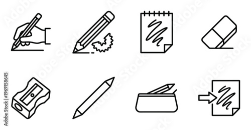 Drawing tools icons set including pencils sharpeners and erasers for educational or creative projects