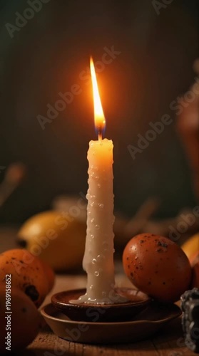 Warm Burning Candle Flame Video Footage with Cozy Light. Rustic Ambiance Motion Clip for Relaxation, Meditation, or Holiday Themes with Blurred Autumn Fruits.