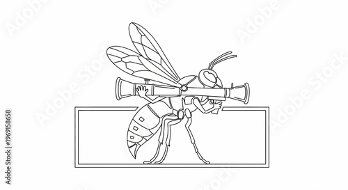 Wasp holding a gun, cartoon style, black and white, isolated on white background