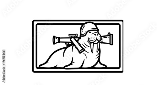 Walrus Soldier with Rocket Launcher, Military Animal, Cartoon Style