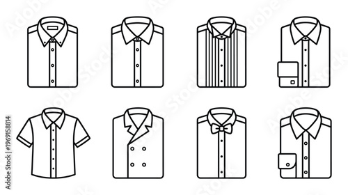 Formal dress shirts line icon collection including tuxedo styles and folded button down garments