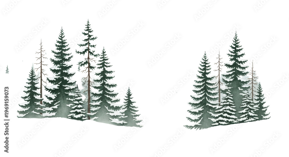 Obraz premium Minimalist watercolor panorama of snow-dusted coniferous pine and fir trees partially obscured by dense, rolling fog on a white background with copy space. Concept of quiet solitude