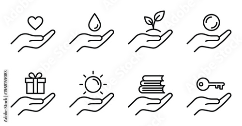 Hand gesture with symbols line icon set. giving, receiving, care and success
