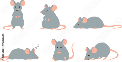 Cute Cartoon Grey Mice Character Poses Collection For Children Book Illustration