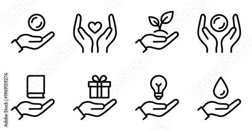 Hands holding various items line icon set. giving and receiving, charity and care
