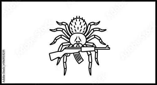 Spider with AK-47 Rifle, Black and White Line Art, Symbol of Aggression and Danger