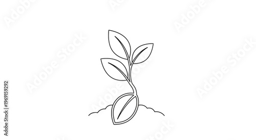 Sprout Growing from Seed in Soil, Minimalist Line Art, Symbol of Growth and New Life