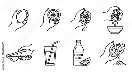 Lemon juice squeeze icon set. hands squeezing lemon, citrus fruit, fresh drink making