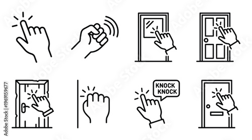 Knock door line icons set. hand tapping on doors and walls with various gestures