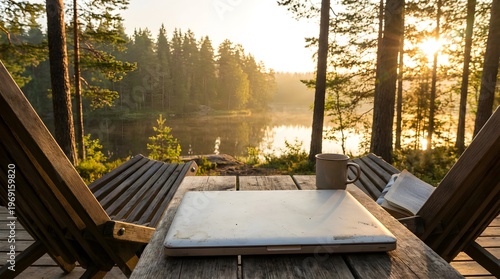 Remote Work Tranquility Lakeside Laptop Setup with Wooden Deck Chairs and Forest View, Illustrating Digital Nomad Lifestyle and Outdoor Productivity