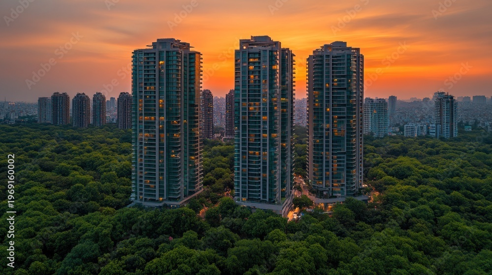 Obraz premium City skyline at sunset, three high-rise buildings, lush green trees