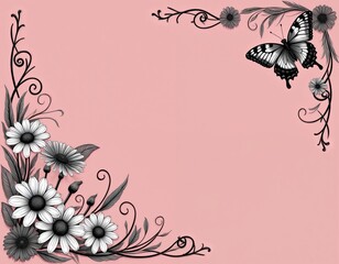Elegant floral design with butterfly accent decorates pink background corners. Delicate daisy like flowers and swirling vines create ornate borders. Perfect for invites or greeting cards.