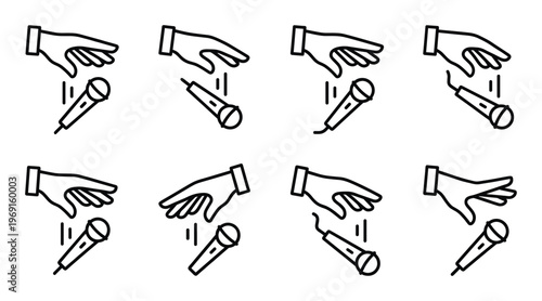 Microphone dropping gesture simple line icon set hand motion for dropping mic isolated vector