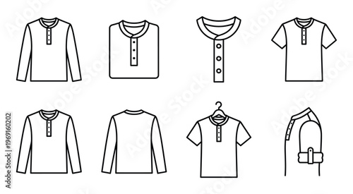 Outline drawings of henley shirts, short sleeve shirts and collar shirt on hanger