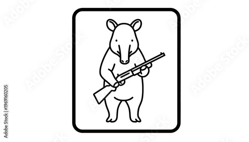 Stylized Tapir Holding a Shotgun, Minimalist Line Art Icon