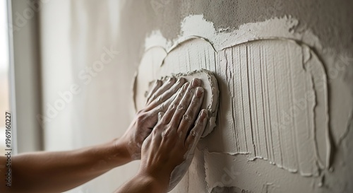 Close-up of skilled hands applying cement for residential wall project