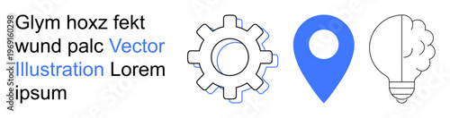 Innovation, problem-solving, navigation, creativity, brainstorming, business concepts. Gear, blue map pin light bulb with brain outline. Innovation and problem-solving as key visual