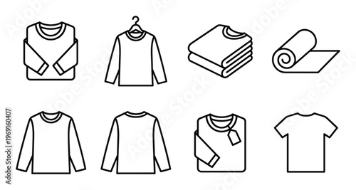 Outline illustrations of various t-shirts, long sleeve shirts, and rolled up fabric swatch