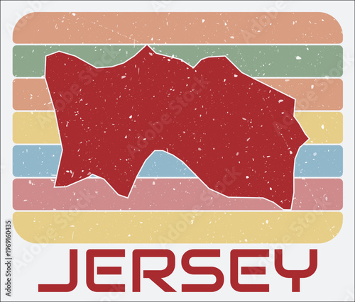 Jersey vintage logo. Shape of the country on retro colored stripes background. Jersey map design with grunge scratch texture. Vector illustration.