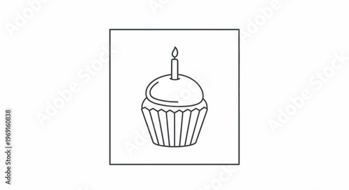 Simple outline drawing of a cupcake with a single lit candle, isolated on white background, celebration concept.
