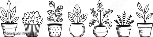Collection of potted house plants in various simple outline styles