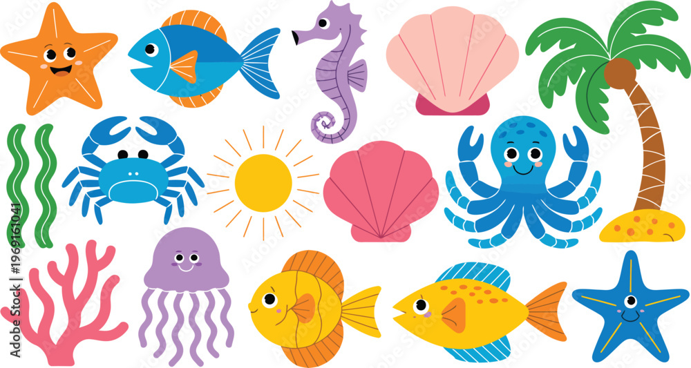 Obraz premium Cute cartoon sea creatures and ocean in bright colors