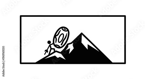 Sisyphus Pushing Boulder Up Mountain, Symbolizing Struggle and Perseverance