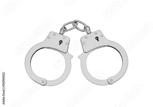 Pair of metal handcuffs connected by a short chain link isolated on transparent background