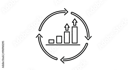 Vector graphic illustrating a continuous business growth and development cycle, featuring an upward trending bar chart surrounded by iterative arrows, symbolizing ongoing progress and improvement.