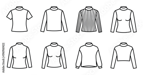 Set of eight high neck sweater and top outline icons for various women clothing designs