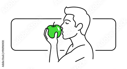 Clean line art portraying a person deeply inhaling the fresh fragrance of a green apple, embodying