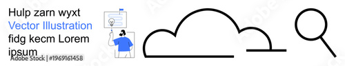 Technology, cloud storage, online search, knowledge transfer, data management, digital tools. A magnifying glass, cloud shape, and digital interface suggest tech and cloud storage concepts