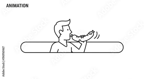Animated illustration of a man happily eating a cheerful, wiggling sausage on a simple white