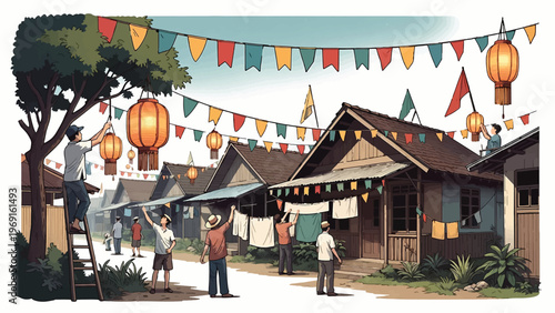 Community Decorating Traditional Village Street with Colorful Lanterns and Bunting
