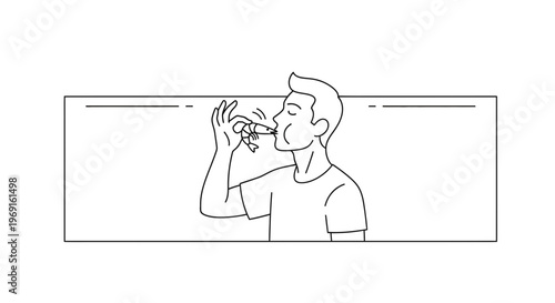 A simplistic line art illustration of a man savoring a delicious shrimp in a clean, minimalist style