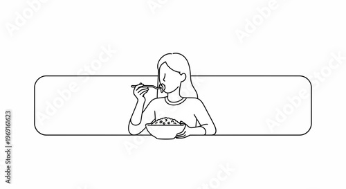 Minimalist line art illustration of a young woman enjoying a meal with chopsticks from a bowl at a