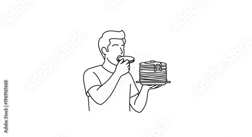 Minimalist line art illustration of a person enjoying a tall stack of pancakes with syrup