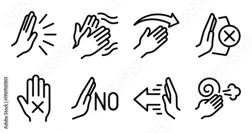 Set of hand gesture icons illustrating actions like high five, clapping, pushing, stopping