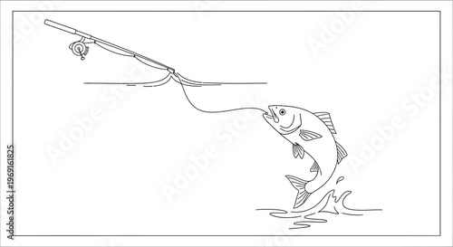 Dynamic line art illustration of a fish energetically leaping from the water, caught on a fishing