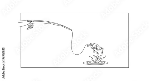 Monochromatic illustration capturing a lively fish dynamically leaping from water, hooked by a